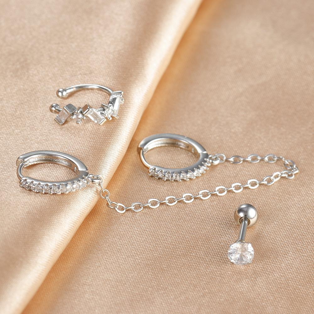 Tassel Chain Hoop Earrings Set for Women Stainless Steel Cubic Zirconia Geometric Round Huggie Earring Piercing Jewelry aretes