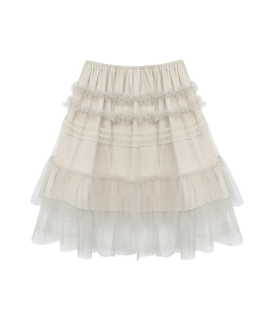 Mileko Tulle Frill Midi Skirt Soft Butter