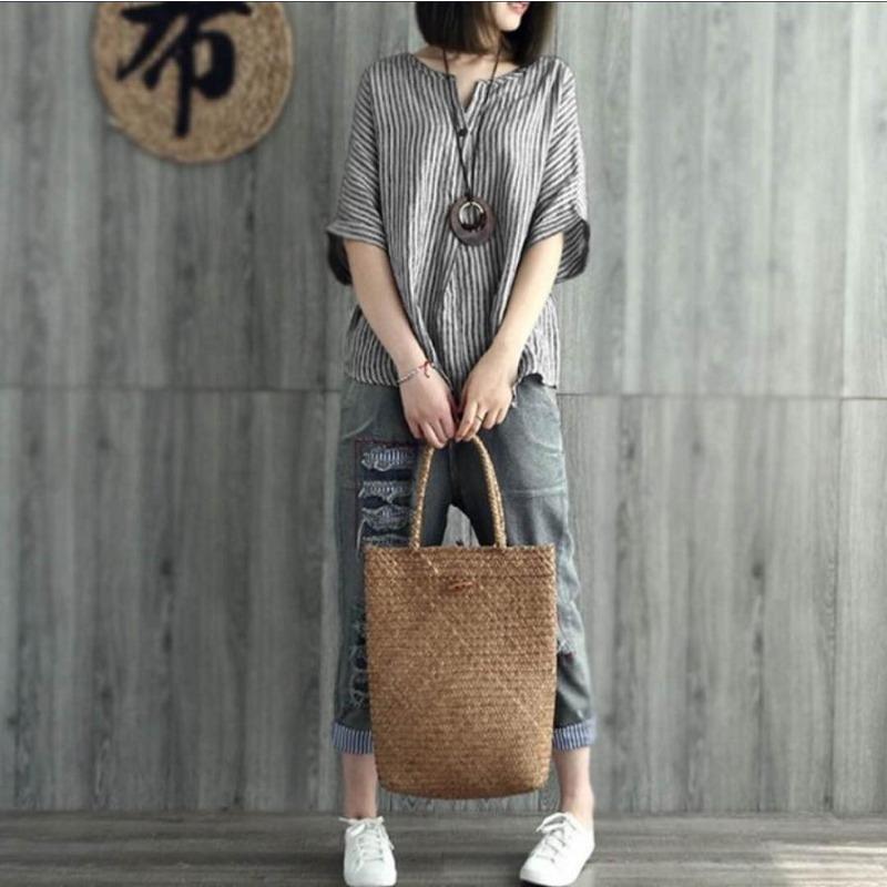 Damen-T-Shirt mit Fledermausärmeln und V-Ausschnitt, gestreiftes Baumwoll-Freizeitoberteil für Damen