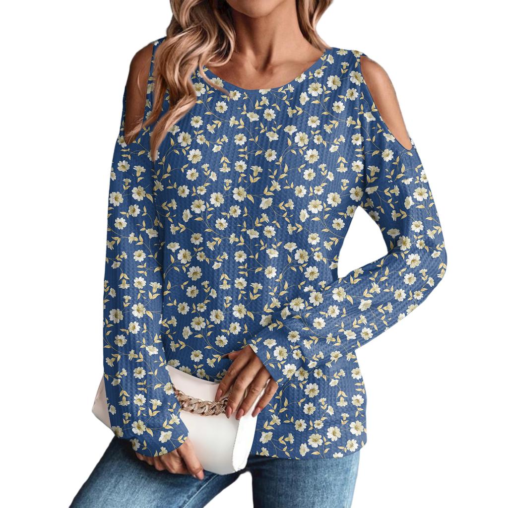 Damen Winter Oversized T-Shirt Modisch Schulterfrei Rundhals Vintage Blumendruck Pullover Langarm Oberteil