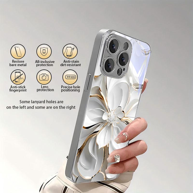 Edge White Flower Electroplated Silver Phone Case For iPhone 17Air 17 16 15 14 13 12 11 Pro Max Plus 16E XR 7 8 X Xr Glass Cover