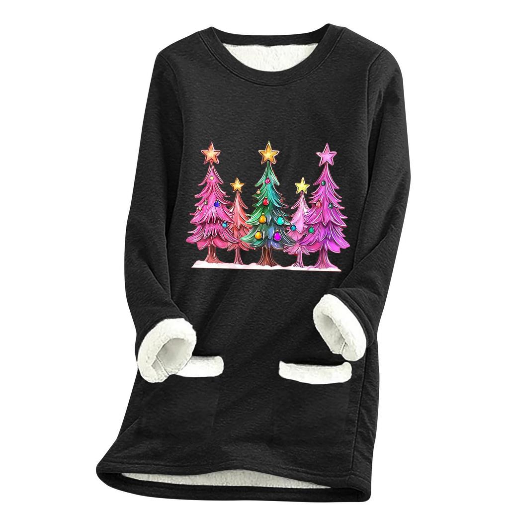 Ladies' Loose And Comfortable Round Neck Christmas Print Thick With Pockets Long Sleeved Top