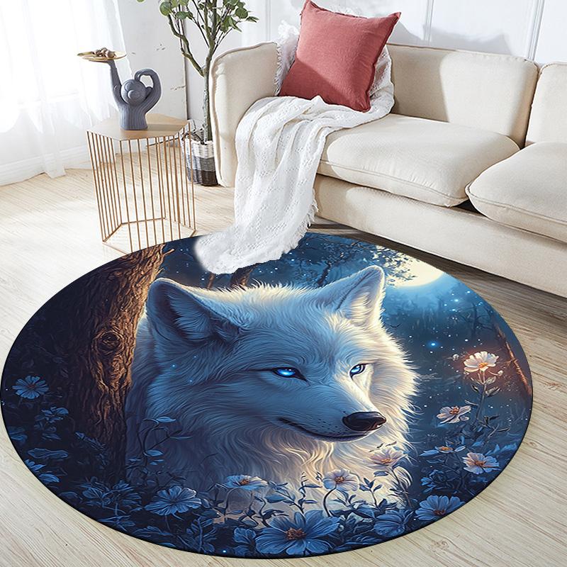 Wolf in Moonlit Round Area Rug,Carpet Rug for Living Room Bedroom Sofa Playroom Decor,Non-slip Floor Mat