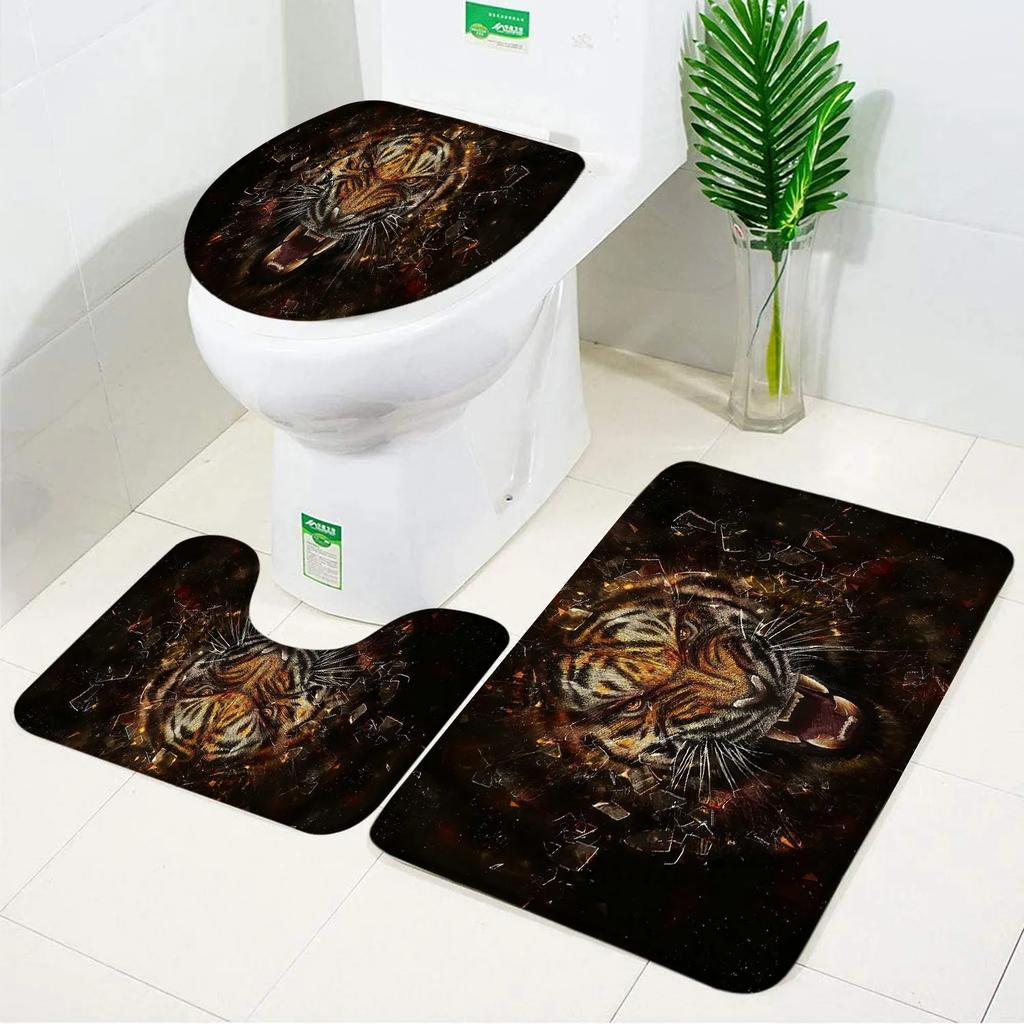 Tiger Bath Mat Set Ferocious Animal Black Non-slip Toilet Lid Foot Rug Floor Mat Small Carpet Anti Slip Bathroom Accessory Set