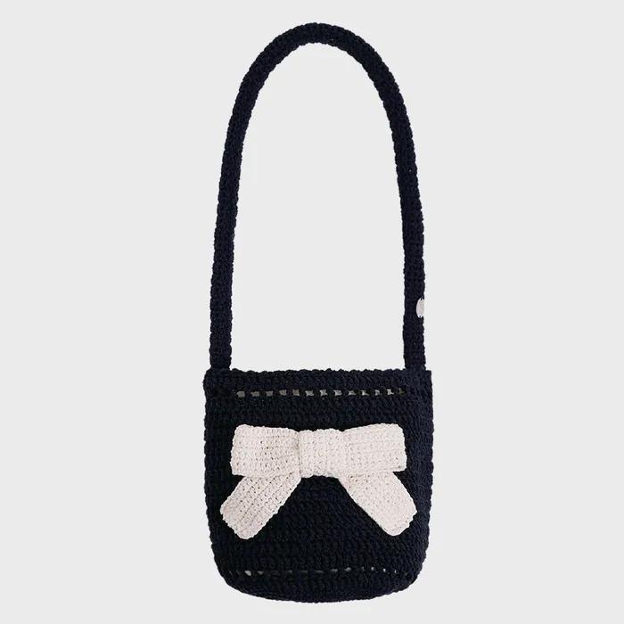 No.203 / Big Ribbon Crochet Bucket Bag _ Black
