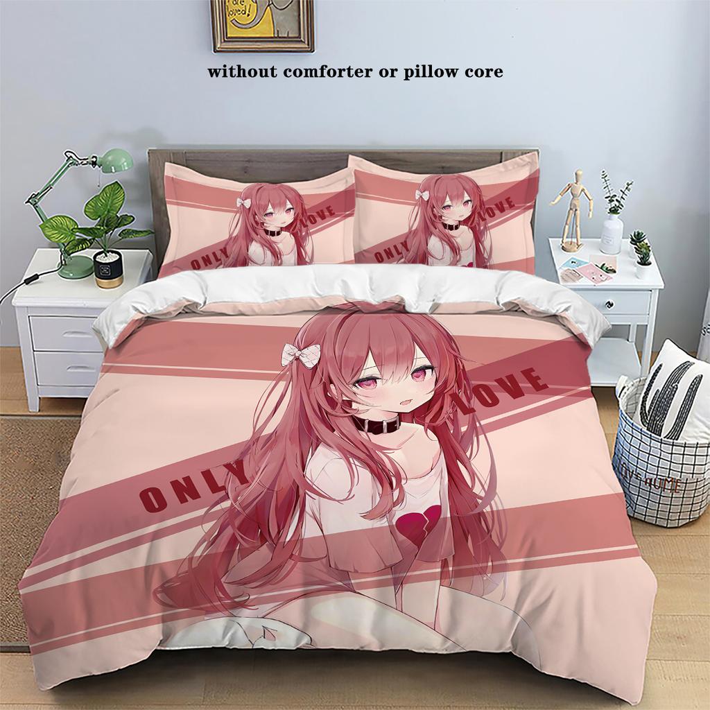 3dílný kreslený anime dívčí vzor tištěný péřový povlak na přikrývku (1dílná sada+2 povlaky na polštáře, bez výplně) ložní souprava