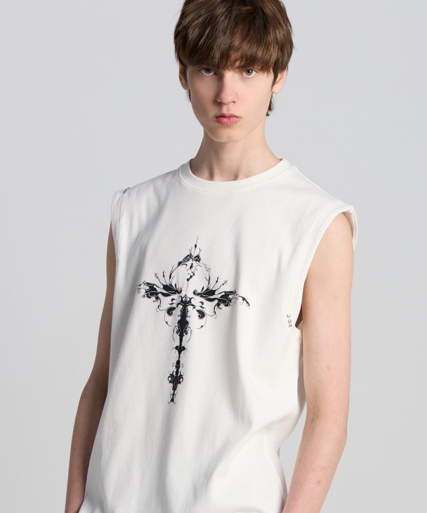 TENER Flower Studded Ribbed Sleeveless White
