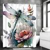 Dragonfly Lotus Watercolor Shower Curtain, Bathroom Decorative Shower Curtain, Waterproof Shower Curtain with Hooks