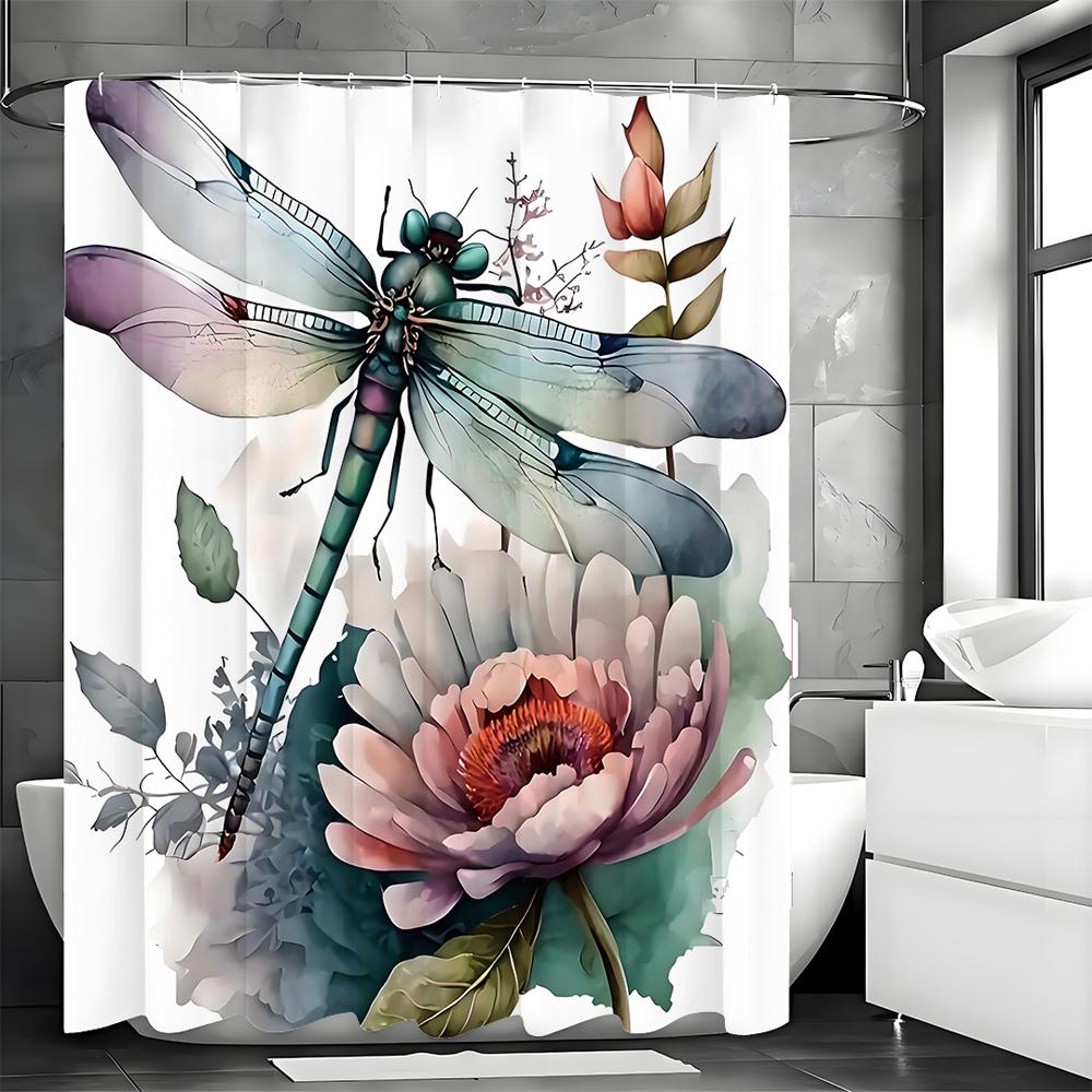 Dragonfly Lotus Watercolor Shower Curtain, Bathroom Decorative Shower Curtain, Waterproof Shower Curtain with Hooks