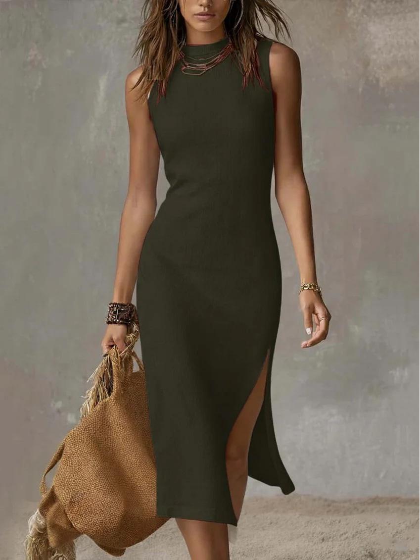 

Европейское женское вязаное платье-жилет без рукавов, однотонное, с высоким разрезом (Коллекция 2026 года) XS темно-зеленого