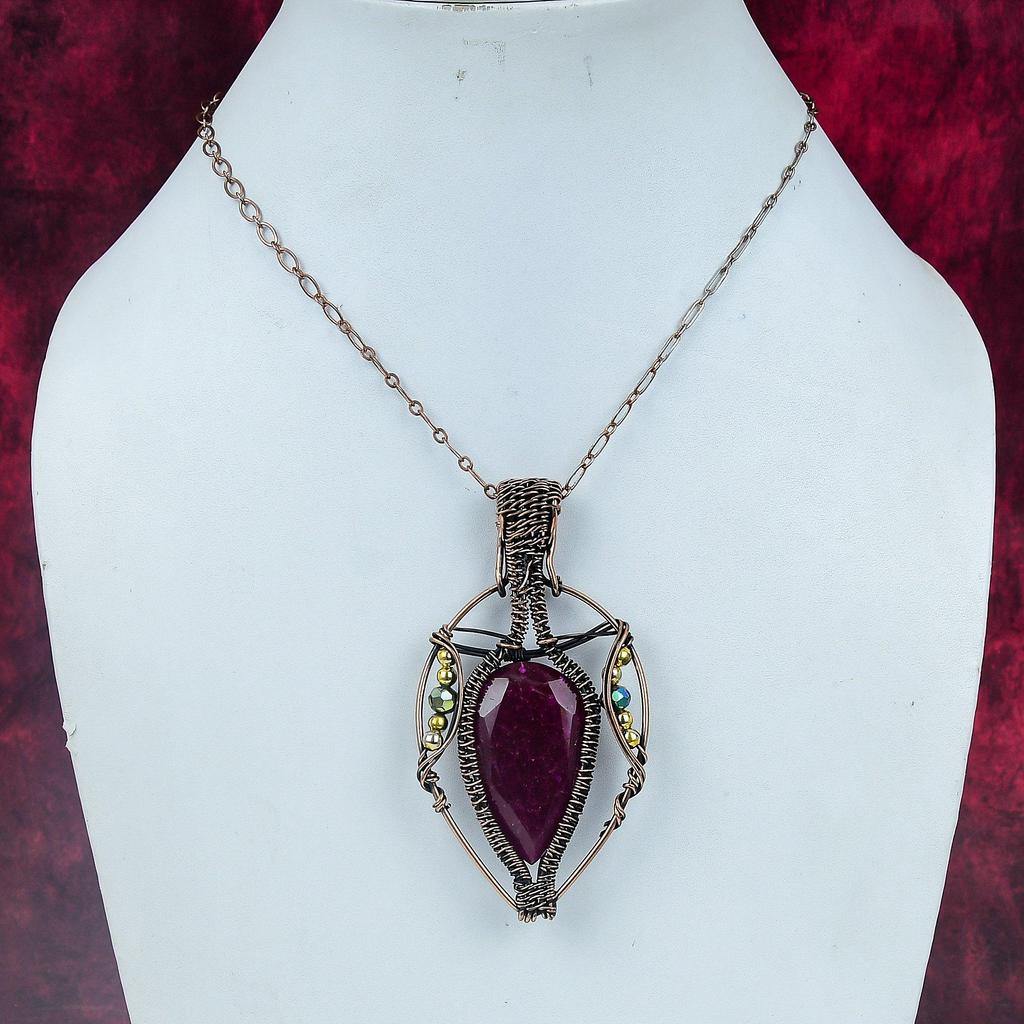 Faceted Kashmir Ruby Pendant Genuine Gemstone Pendant Copper Wire Wrapped Jewelry