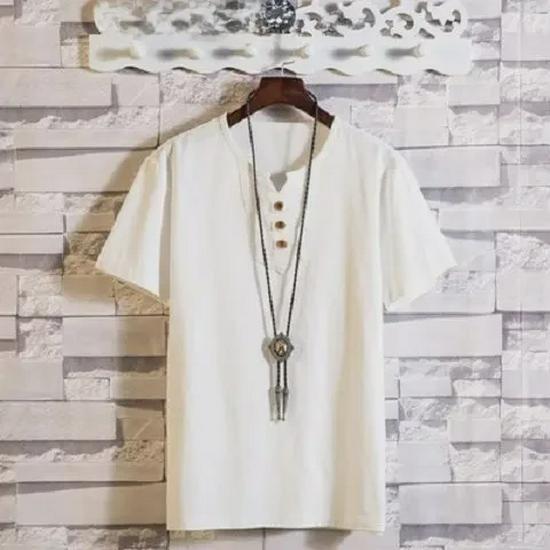 Men's Chinese-Style Short-Sleeve V-Neck Linen T-Shirt