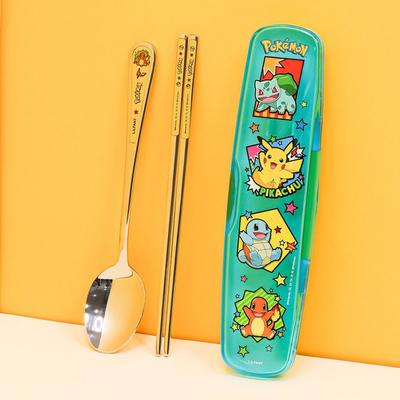 Home&Kids Pokemon All-Stainless Steel Cutlery Case Set Portable Cutlery Case for Kindergarten Elementary School Children