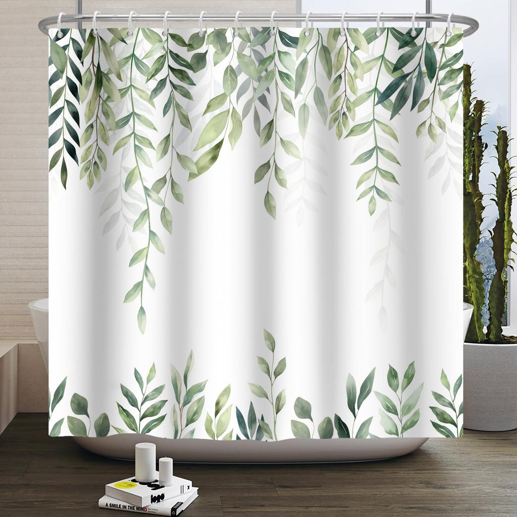 Green Eucalyptus Shower Curtain Watercolor Plant Leaves Bathroom Decoration Waterproof White Fabric Bath Curtain With 12 Hooks
