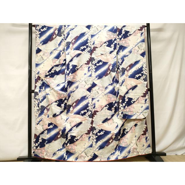 Heiwaya Kimono Luxury long-sleeved kimono, flower pattern on fan, halo dyed, silver color, pure silk, masterpiece CABF9801ev
