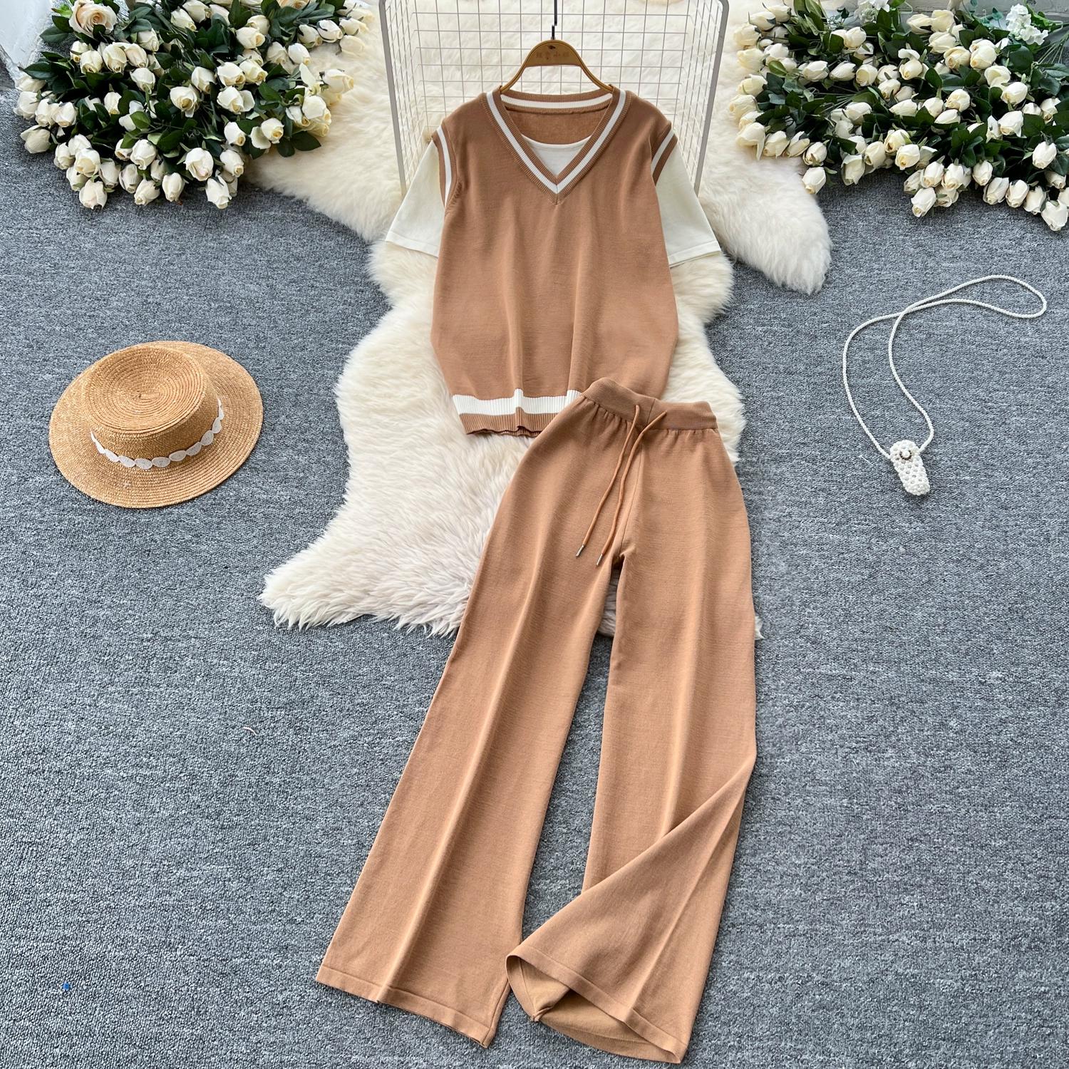 

Летний женский трикотажный свитер, брюки, комплект из двух предметов, короткий рукав, V-образный вырез, пуловер, топ и широкие брюки, спортивный костюм One Size хаки