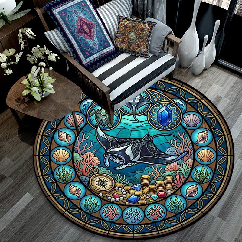 Marine Life Glass Round Area Rug Under Office Chairs Bedroom Living Room Home Decor