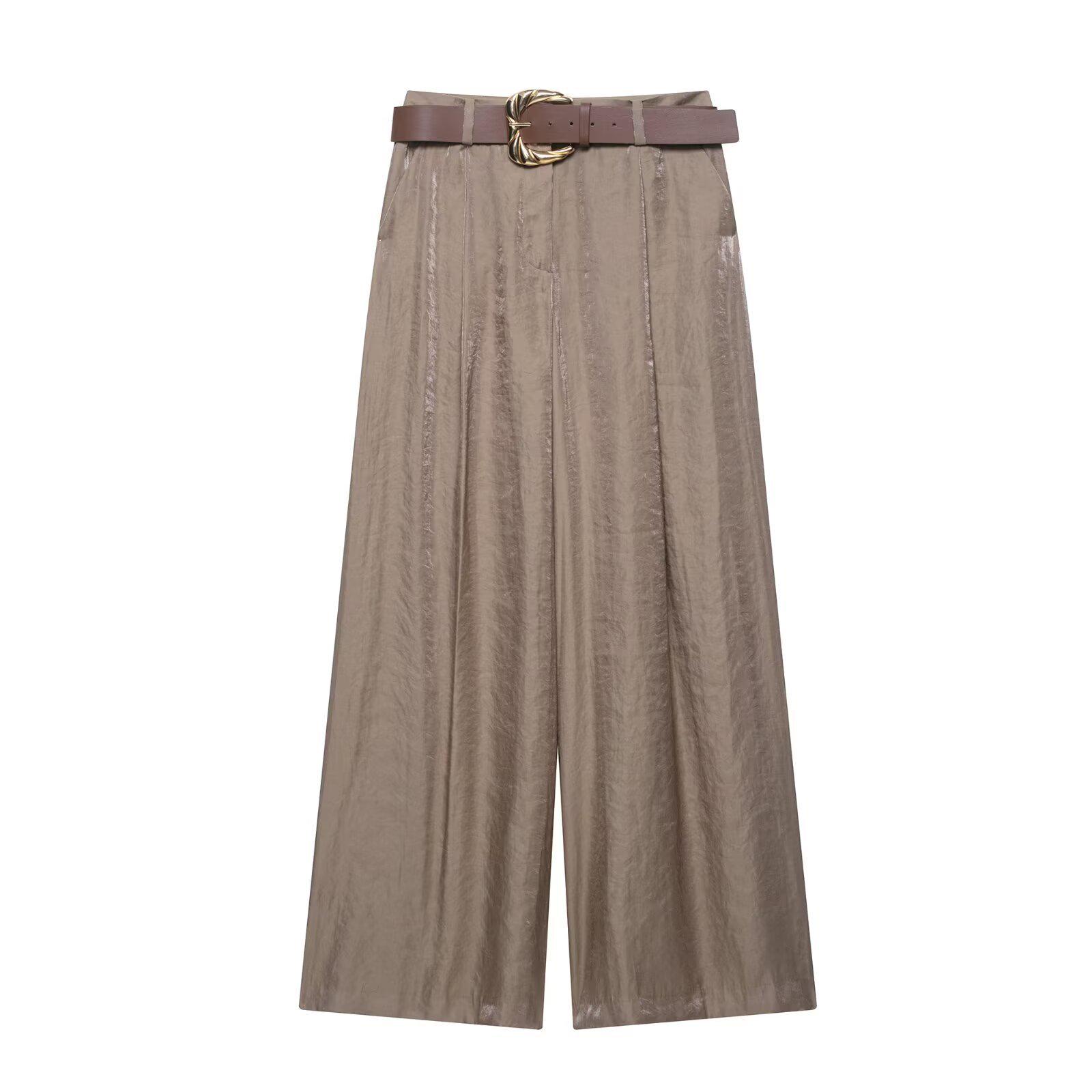 

2025 Women s Wide-Leg Satin Pants with Belt - Solid Color, Casual Style Extra Small