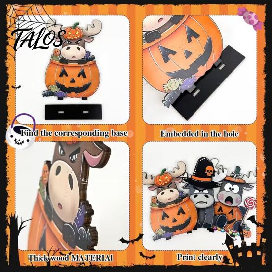 Cute Halloween Animal Decor 4 Pcs Highland Cow Table Decoration, Rustic Wooden Pumpkin Bat Bucket Zombie Signs, Farmhouse Tabletop Centerpiece