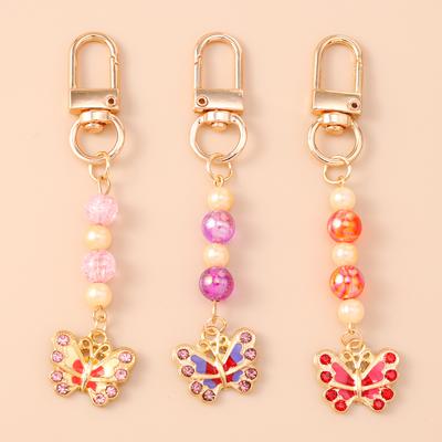 Cute Enamel Flower Butterfly Keychain Women Girls Beads Pearl Key Ring Pendants for Handbag Decor DIY Handmade Jewelry Gifts