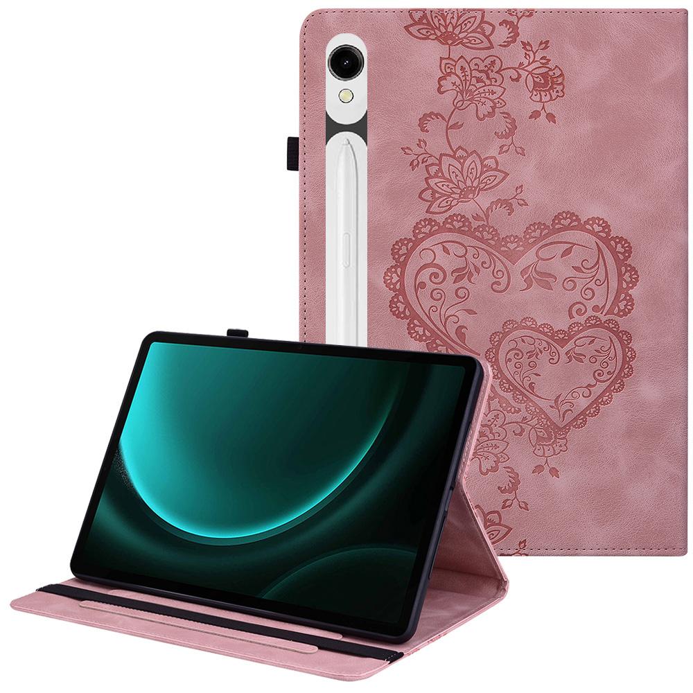 Leather Case For Samsung Galaxy Tab S10 Lite/S10 FE/S9 FE/S9 Heart Imprint Foldable Stand Card Slot Stylus Holder Tablet Cover