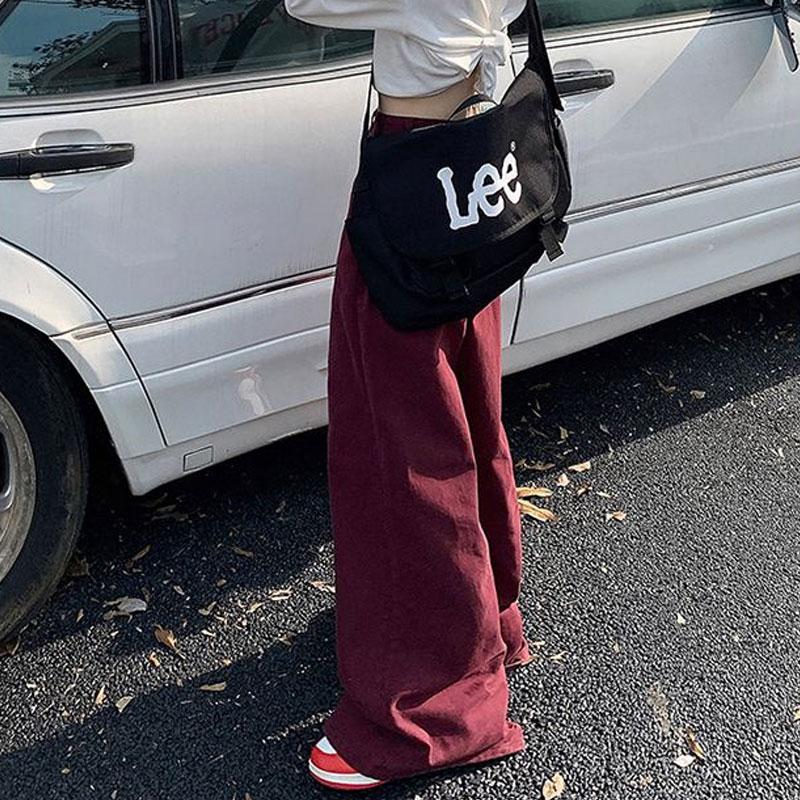 Autumn Angora Red High Waist Trousers American Female Clothing Wide Leg Denim Pants Loose Casual Vintage Solid Color Basic Jeans