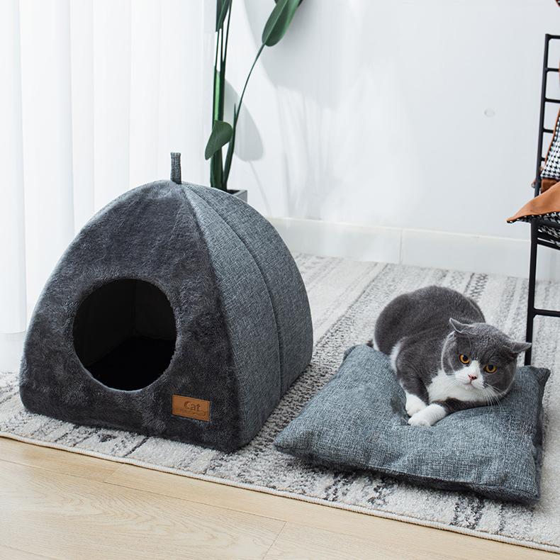 Semi-enclosed Cat Bed Non-slip Pet Kennel Gray Kitten House Indoor Sleeping Cats Cave Bed Plush Foldable Small Dogs Tent Stuff