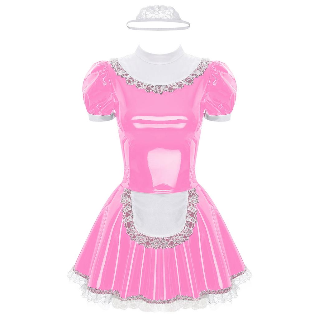 Damen Glänzendes Lackleder Dienstmädchenkleid Spitze Stirnband Rüschen Spitze Schürze Puffärmel Kleid