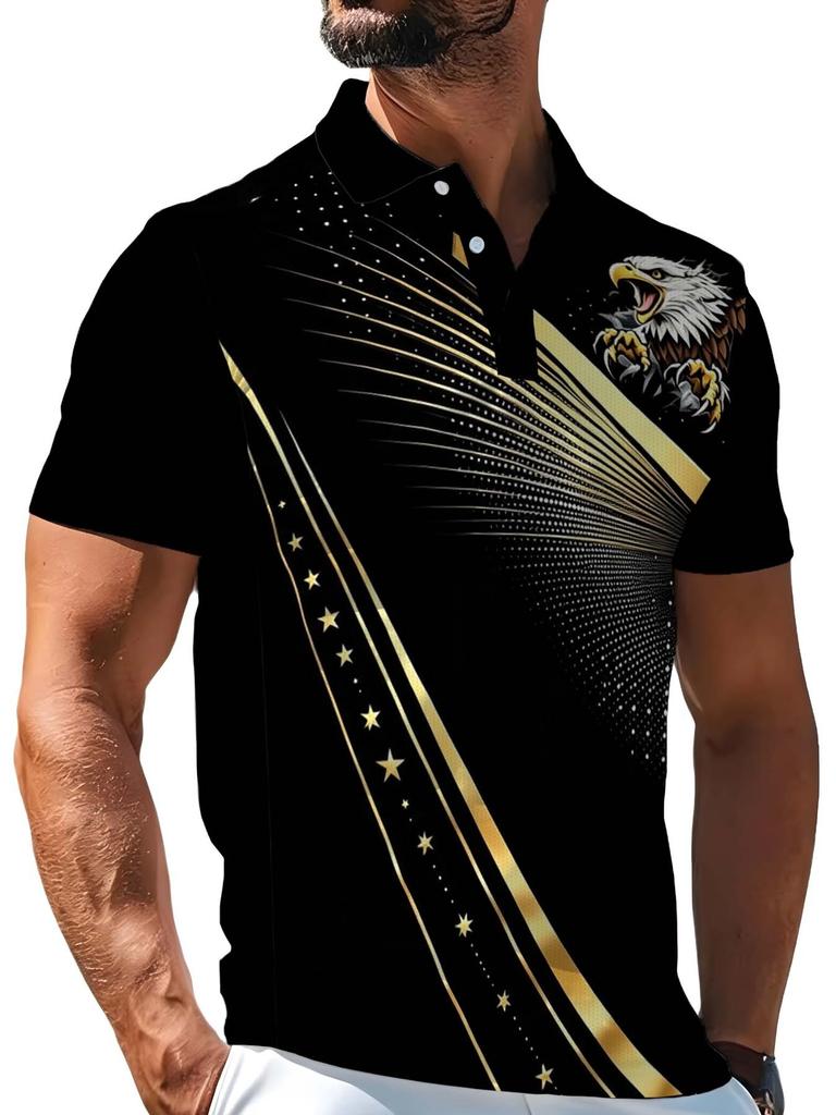 Men'S Outdoor Short-Sleeve Polo Shirt, Multi-Sizes Available, Men'S Short-Sleeve Polo, Black Background with Eagle And Golden Line Star Print,