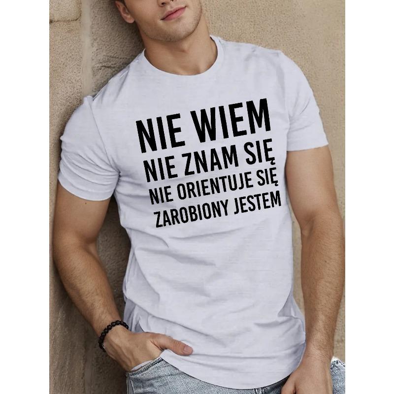 European sizes  Men'S Casual Summer T-Shirt with Geometric Pattern, Crew Neck, Regular Fit - Fun Polish Quote, Breathable Fabric