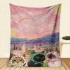 Vintage Van Gogh Style Cat Flannel printed blanket suitable for all seasons suitable for living room office sofa and travel