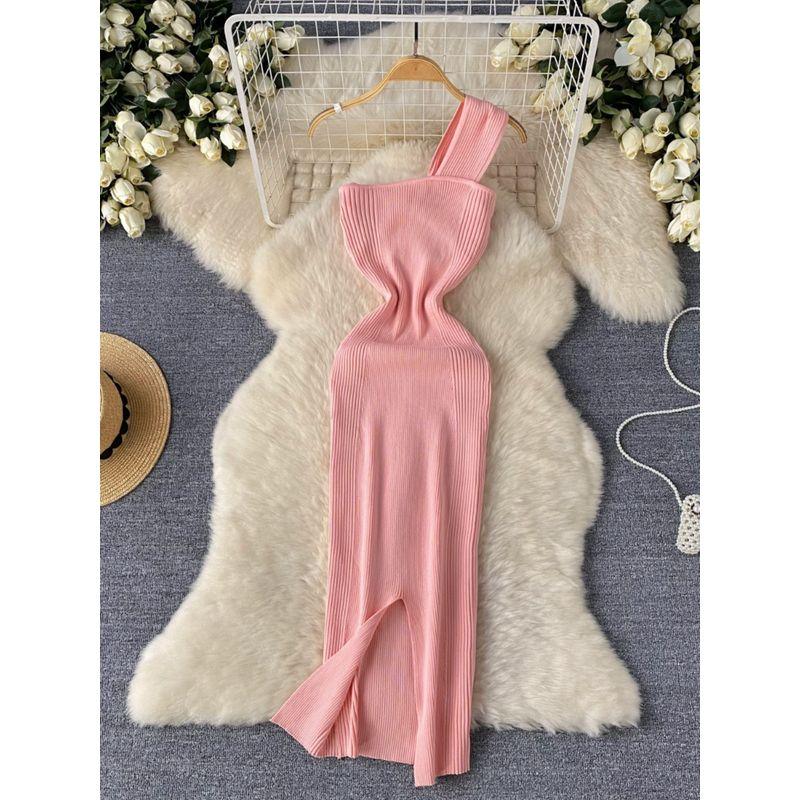 Fashion Fancy Knitting Diagonal Collar Dress Women's Summer Asymmetrical Accessible Luxury Slit Design Pure Desire Sexy Long Dress