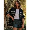 Women'S Striped Knit Cardigan V-Neck Cotton Thickened Warm Loose Fit Autumn Winter Sweater