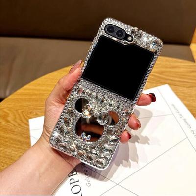 Luxus Strass Niedliche 3D Maus Spiegel Handyhülle für Samsung Galaxy Z Flip 5 4 3 5G Cover Mode Wassertropfen Diamant Harte PC Rückseite