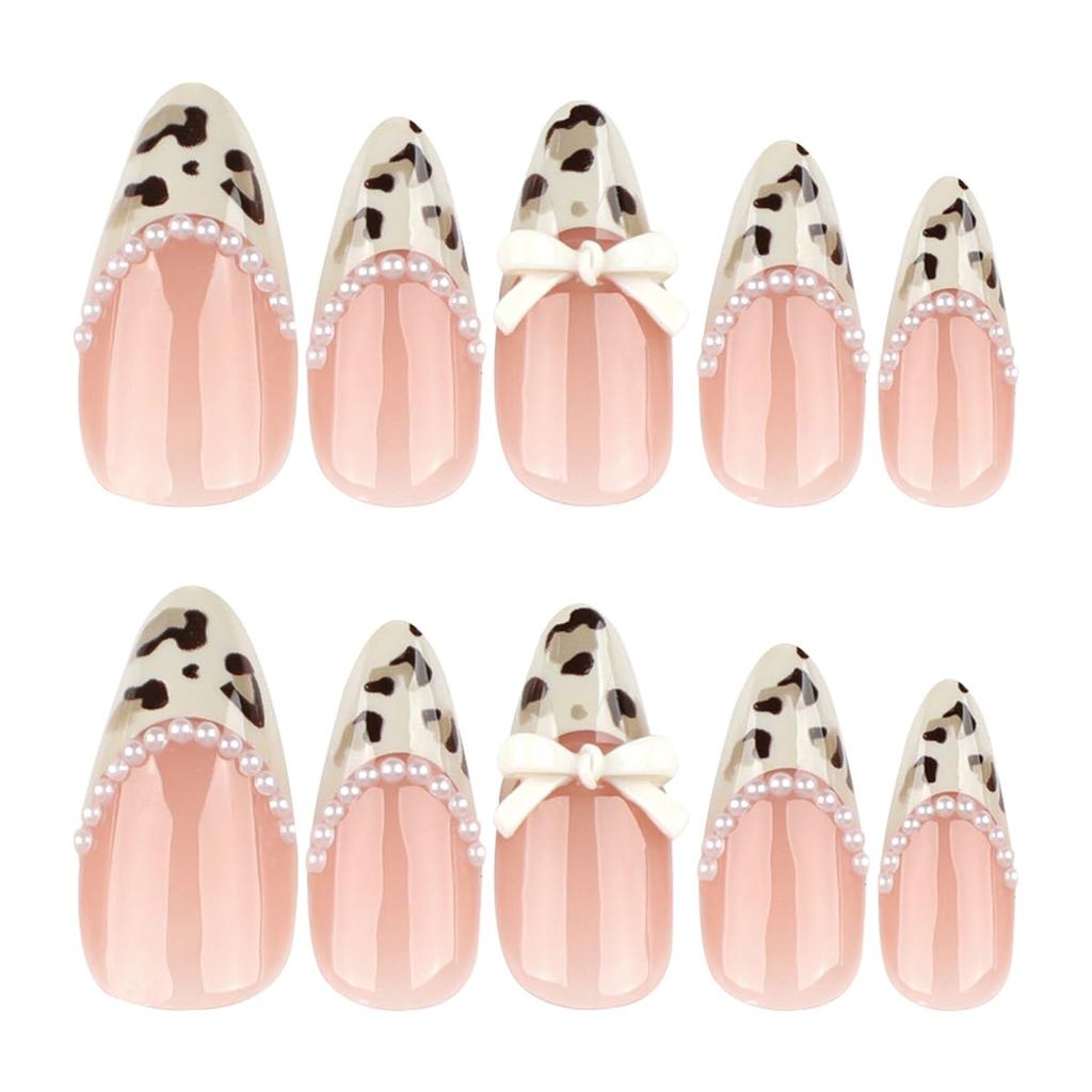 24Pcs Leopard Print French Tip Press On Nails Medium Almond Fake Nails Bow Glue On Nail 3D Pearl Gems Cute False Nails French Stick On Nail Bow