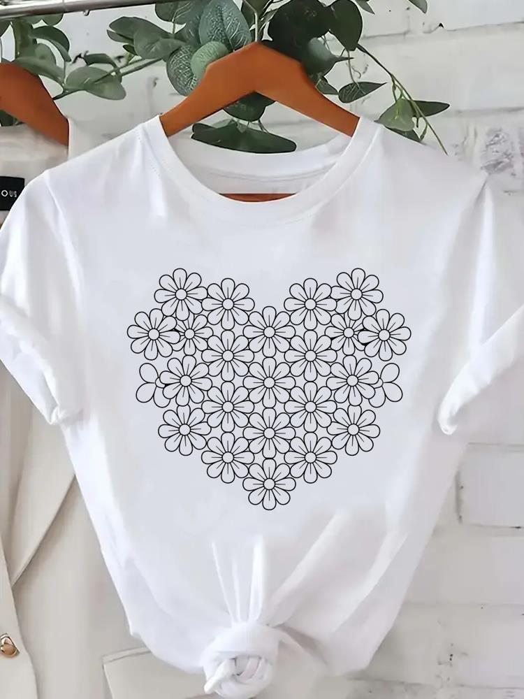 (Asian Size) trend flower love heart o-neck Lady Fashion Women Graphic Tee Short Sleeve T-shirts Casual Clothing Printed Female Top T Shirt