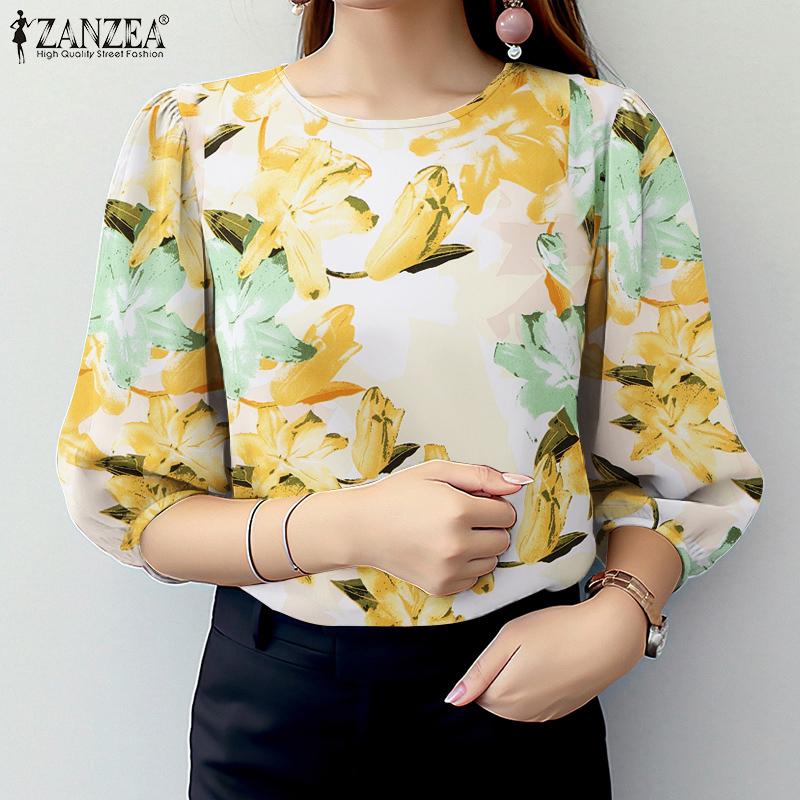 ZANZEA Women Casual Round Neck 3/4 Sleeve Loose Floral Blouse