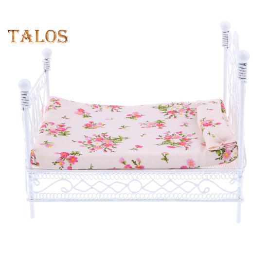 TALOS Dollhouse Bed European Style Accessories Metal Mini Double Bed Props Supplies for Room Scene