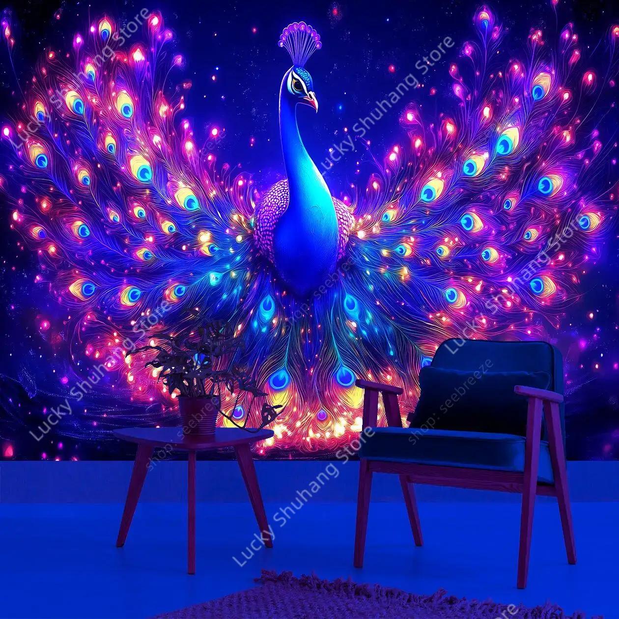 Bohemian Peacock Wall Hanging UV Tapestry Vibrant Luminous Feathers Art Colorful Home Decor Room Dormitory Wall Decorations 100X70CM