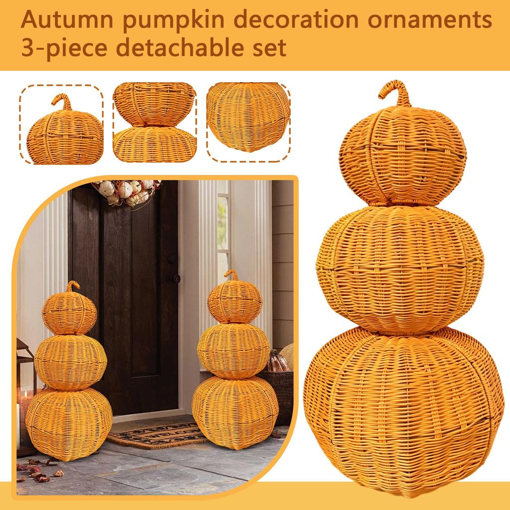 3 Piece Stackable Pumpkin Decoration Set Wicker Material Detachable Design Requires Assembly Fall Seasonal Home Decor with Instruction Manual Included