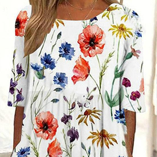 Rochie de femei cu imprimeu floral Gâtul O Mâneci scurte Buzunare în formă de A Tivul liber Lungime la jumătatea gambei Moale