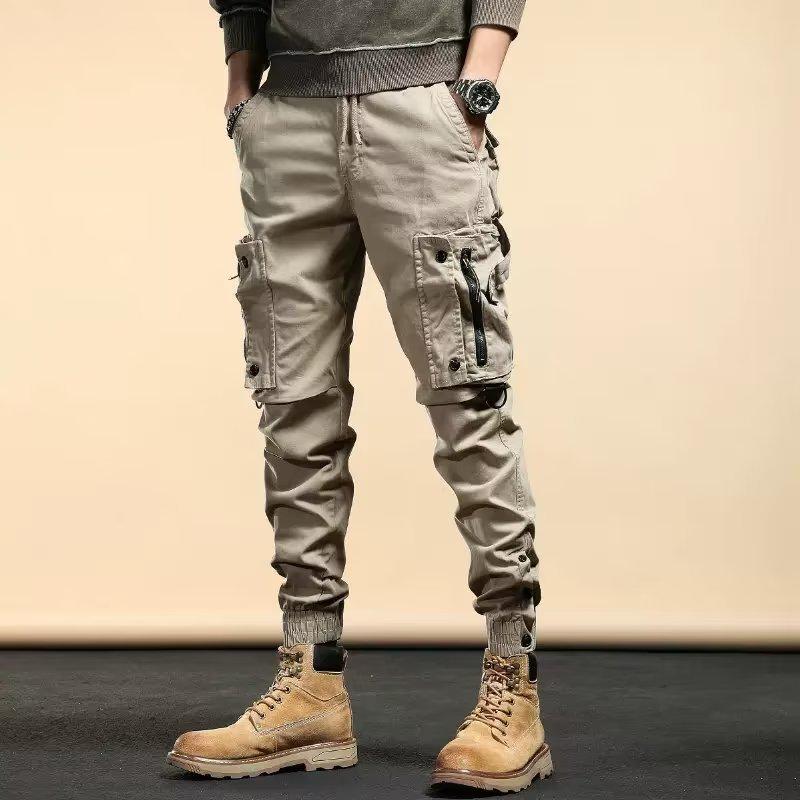 Men's Autumn 2022 Tactical Overalls with Zipper Pockets and Cuffed Casual Pants