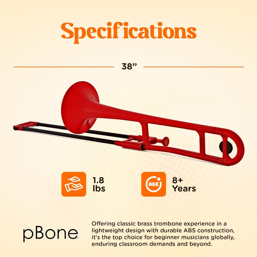 pInstruments pBONE Tenor Trombone in Lightweight and Durable ABS with Antibacterial Red Mouthpiece and Carrying Bb, Bio-Coated Coating, PBONE1R,