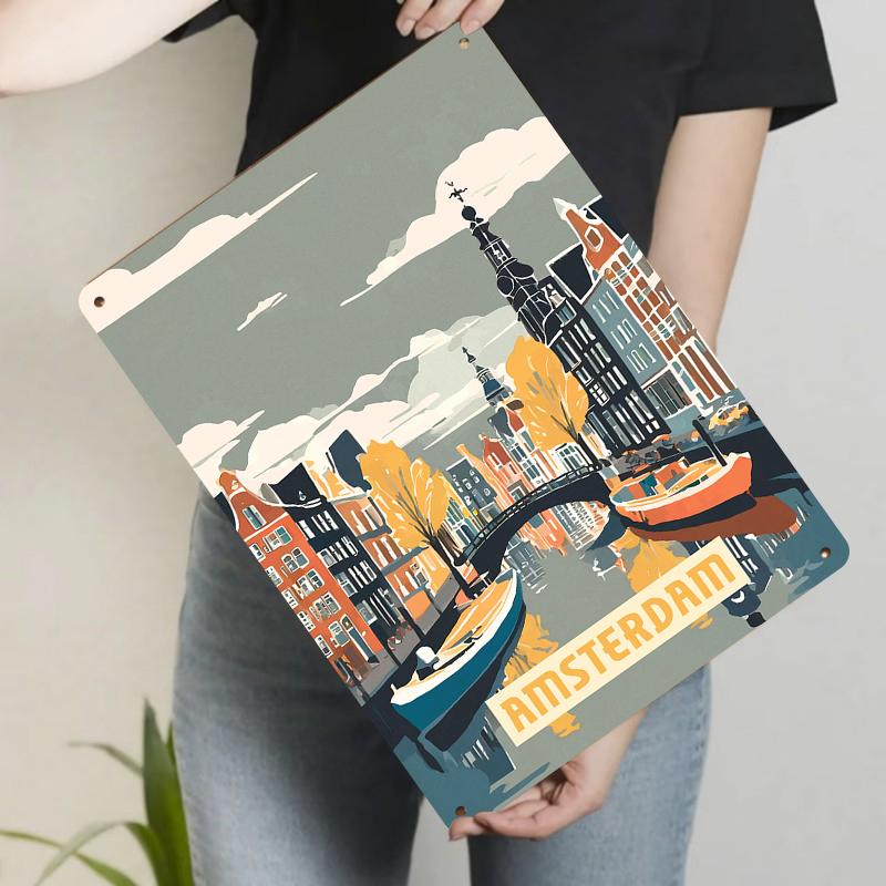 

Amsterdam Canal Scene Metal Wall Art Vintage European Architecture Home Decor for Living Room 20x30cm（7.8x11.8inch）