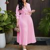 Office Ladys Dresses Elegant Pleated Dress Deep V Neck Full Sleeve Belt Waisted Ankle Length African Business Work Wear Dress