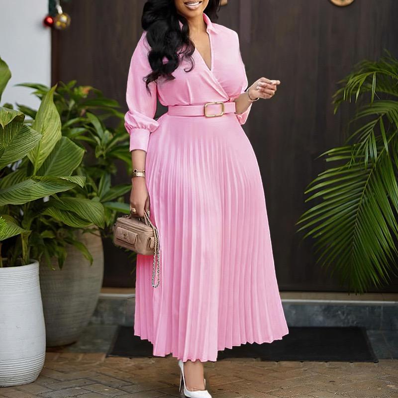 Office Ladys Dresses Elegant Pleated Dress Deep V Neck Full Sleeve Belt Waisted Ankle Length African Business Work Wear Dress