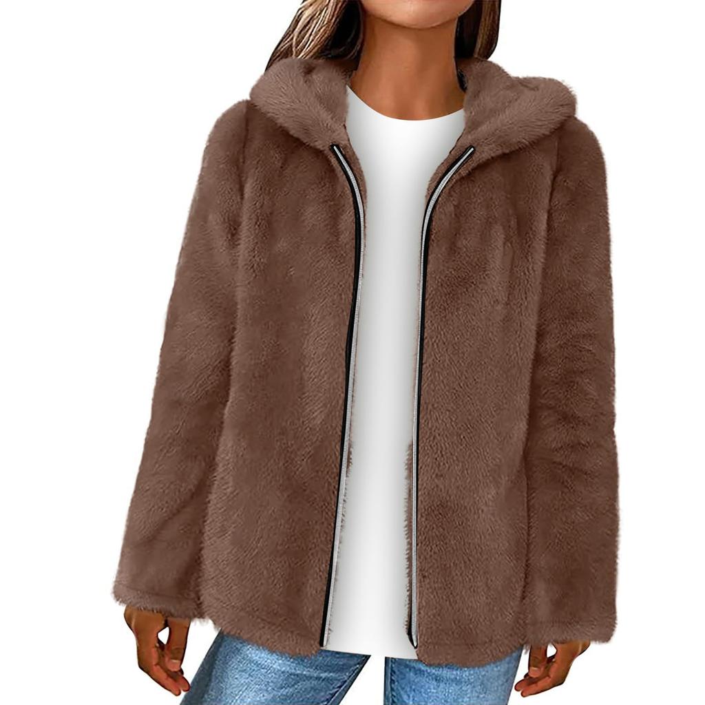 Damen doppelseitige Fleece-Kapuzenjacke lockere Passform durchgehender Reißverschluss Sherpa-Mantel weiche warme Oberbekleidung für Freizeitkleidung