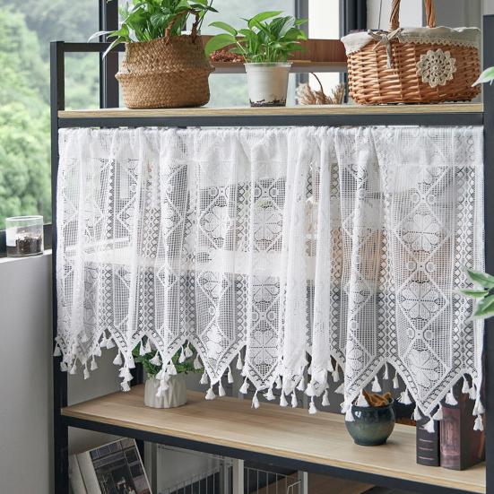 French Lace Curtain Vintage Short Sheer Cabinet Curtain Farmhouse Rustic Boho Small Window Rod Pocket Light Filtering Crochet Curtain