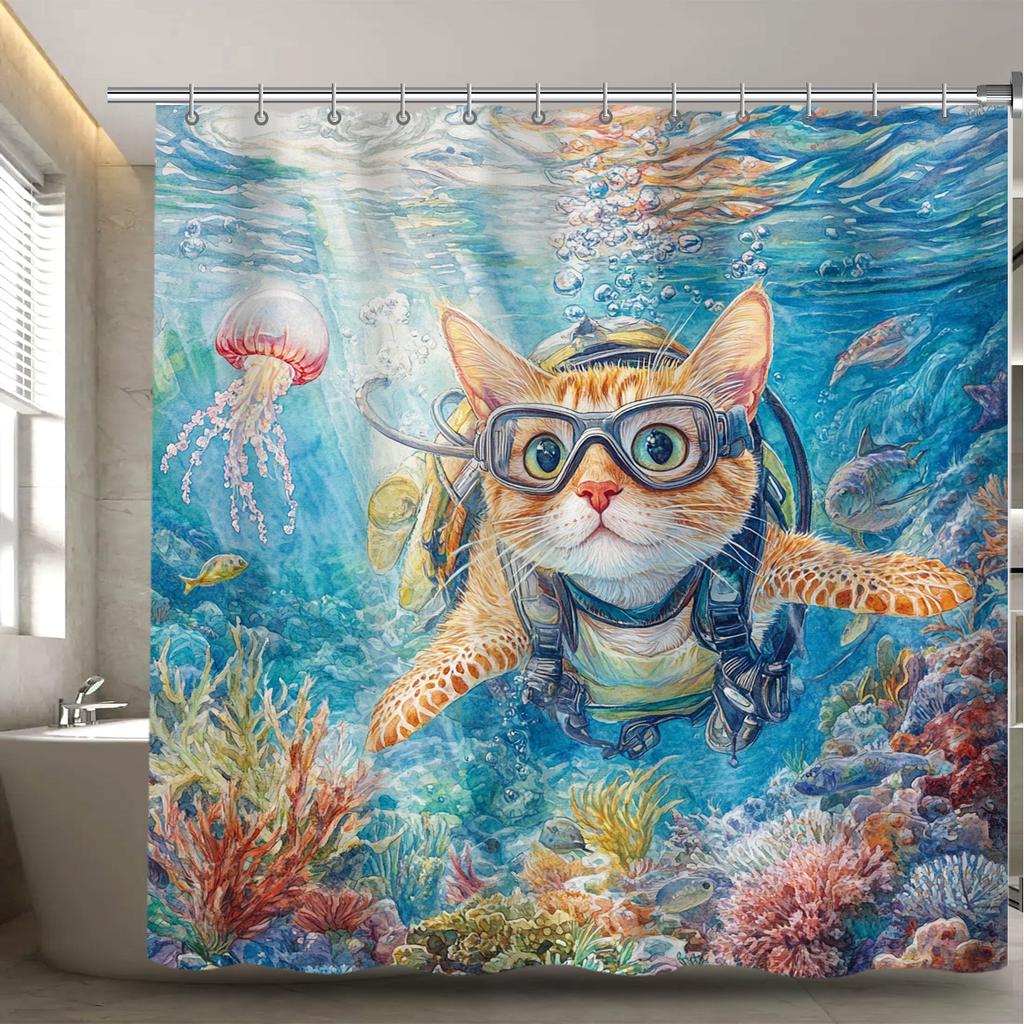 1pc WhimsyCat Diving Cat Shower Curtain, Waterproof Polyester Fabric, Stain Resistant, Woven Decorative Bathroom Curtain