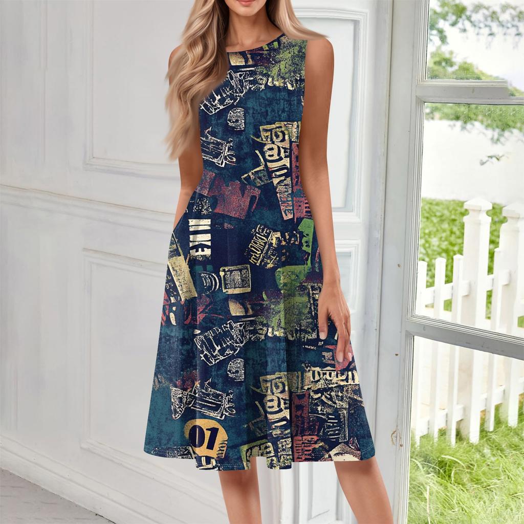 Women's Casual Fashion Floral Print Round Neck Sleeveless Midi Dress